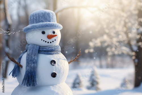 A cute snowman, wearing a knitted hat and scarf, smiles in a snowy landscape with a blurry winter pine woods background, featuring bokeh lights and a starry, glittering night sky. Generative AI.