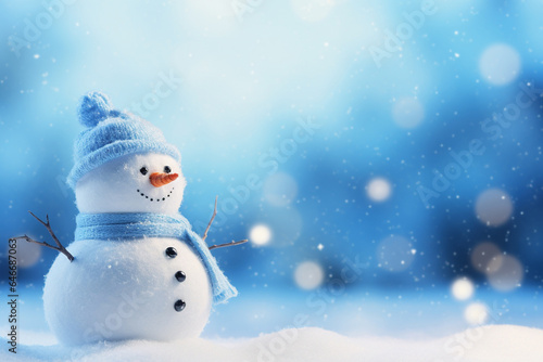 A cute snowman, wearing a knitted hat and scarf, smiles in a snowy landscape with a blurry winter pine woods background, featuring bokeh lights and a starry, glittering night sky. Generative AI. © Surachetsh