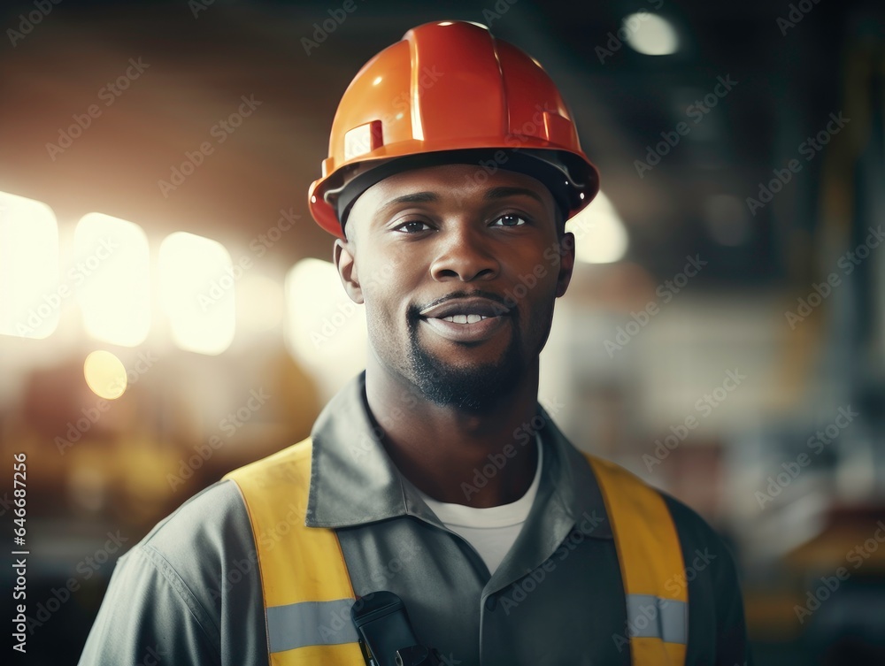 Confident African Worker in Safety Gear Smiling Amidst a Warehouse Full of Shelves and Delivery Goods in construction work. Confident African Worker in Safety Gear Smiling Amidst a Warehouse Full of Shelves and Delivery Goods in construction work.