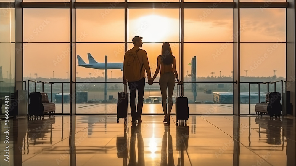 a man and woman standing in an airport,flat,an airport,a sense of adventure,couple,asia