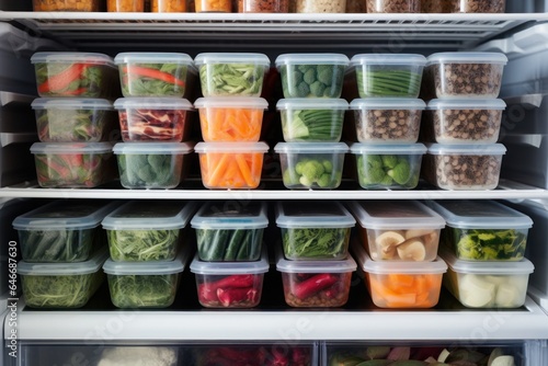 In the refrigerator on the shelf there are products with containers.