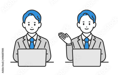 パソコンを見る･案内のポーズをするビジネスパーソン男性のセット【人物ベクターイラスト素材】
