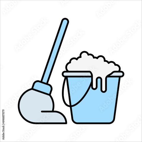 Mop and bucket, cleaning outline icons. vector illustration on white background