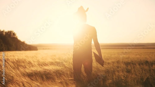 Agriculture. a farmer with a laptop walks in an agricultural field of wheat at sunset. agriculture business concept. farmer walk with tablet works in wheat field sunlight lifestyle