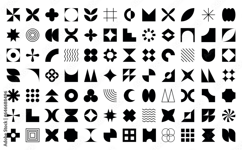  Set, collection geometric shapes. Trendy set with shapes different style. Bauhaus, futuristic, memphis. set of black bauhaus shapes, geometric abstract shapes. Modern style
