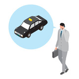 アイソメトリック_タクシーをスマホで呼ぶ男性のイラスト