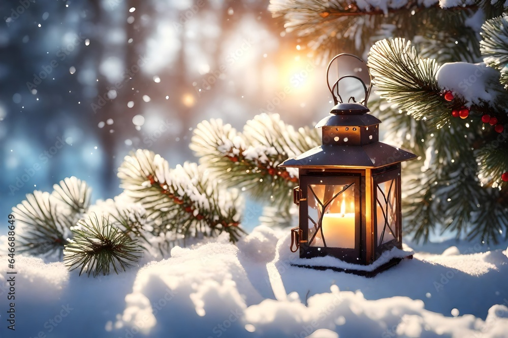 Christmas Lantern On Snow With Fir Branch in the Sunlight Christmas Lantern On Snow With Fir Branch in the Sunlight