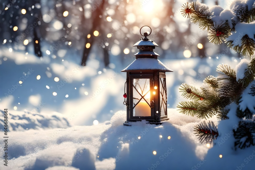 Christmas Lantern On Snow With Fir Branch in the Sunlight Christmas Lantern On Snow With Fir Branch in the Sunlight