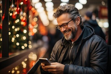 Happy man browsing internet, using smartphone for online shopping outdoor