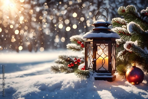 Christmas Lantern On Snow With Fir Branch in the Sunlight © Arqumaulakh50
