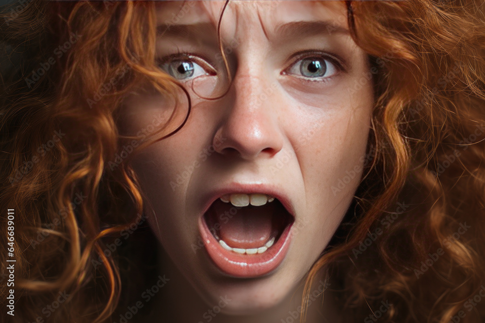 Close-up of a woman's face, caught in an authentic scream, conveying raw emotion. Close-up of a woman's face, caught in an authentic scream, conveying raw emotion.
