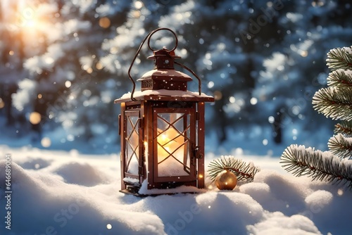 Christmas Lantern On Snow With Fir Branch in the Sunlight © Arqumaulakh50