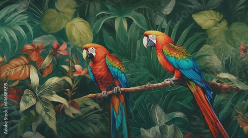 Colorful parrots sitting on a branch in the jungle. Digital painting. generative ai © Graphicsstudio 5