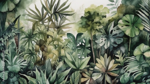 Tropical jungle background. Watercolor painting. Nature illustration. generative ai