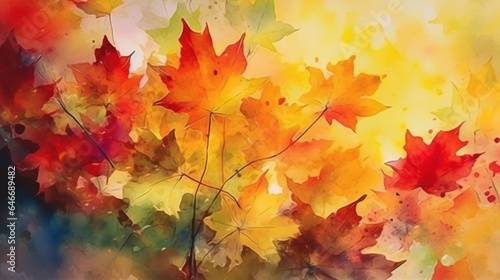 Autumn background with maple leaves. Watercolor painting. Digital art painting. generative ai