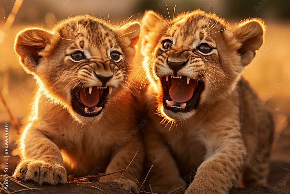 Fototapeta premium lioness with small lion cubs close-up. wild animals. generative ai.