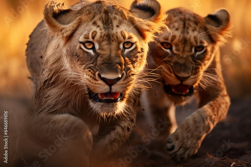 lioness with small lion cubs close-up. wild animals. generative ai.