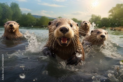 a group of otters in the water. wild animals. generative ai. © robertuzhbt89