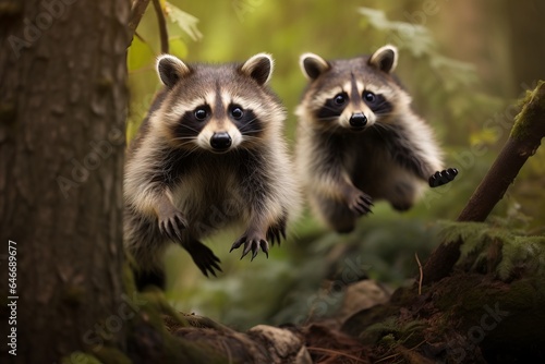 A raccoon is lured from a tree. wild animals. generative ai.