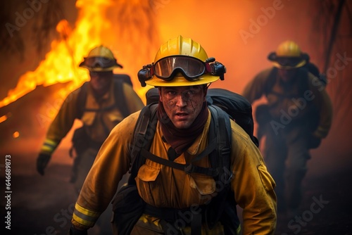 firefighters in a forest fire. cataclysm. generative ai. © robertuzhbt89