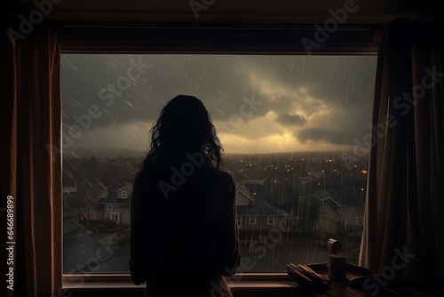 a girl on the balcony against the background of an approaching thunderstorm. generative ai. © robertuzhbt89