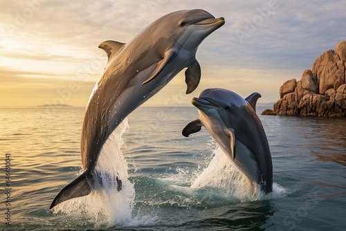 dolphins jumped out of the water against the background of the morning sun. generative ai. © robertuzhbt89