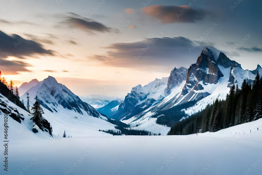 sunset in the snow covered mountains