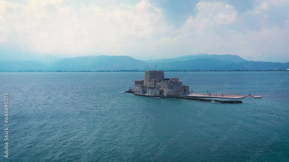 Nafplio city and Palamidi fortress filmed from drone, nice view of mountain and sea Nafplio city and Palamidi fortress filmed from drone, nice view of mountain and sea