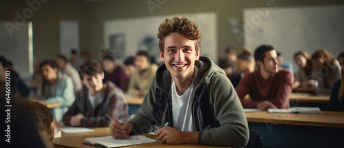 portrait a man in a university high school with blurred group of students studying in the classroom.generative ai photo