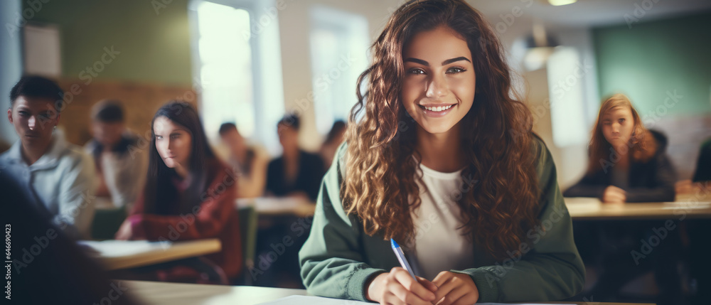 young woman in a university high school with blurred group of students studying in the classroom. young woman in a university high school with blurred group of students studying in the classroom.