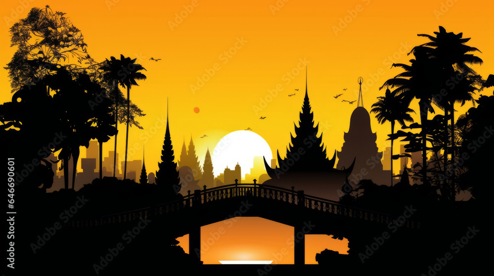 Scene silhouette of famous place in Thailand vector ,generative ai