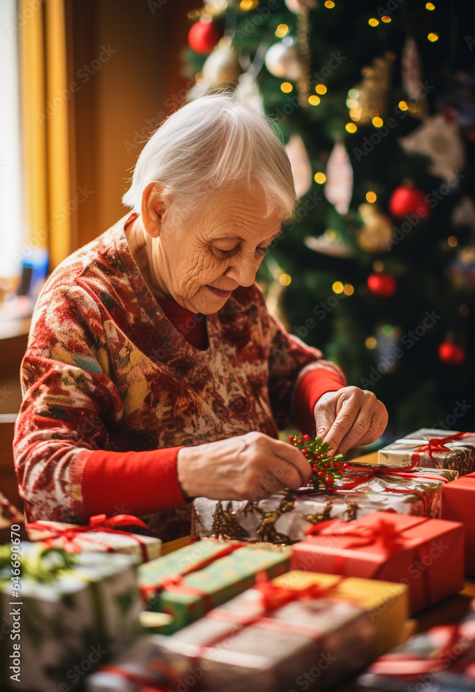 A granny who wrapping presents for Christmas