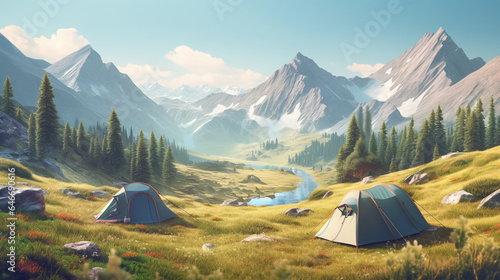 Camping in the mountains with a lake and a tent. Vector illustration generative ai