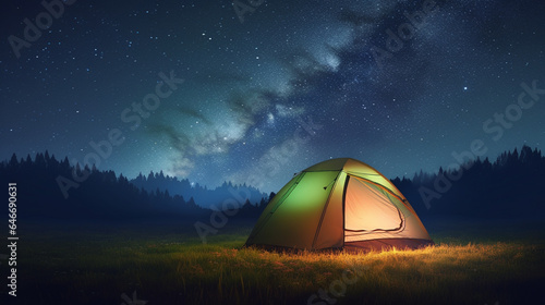 Camping tent in the forest at night with starry sky and milky way generative ai