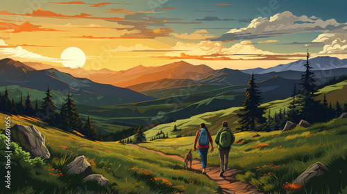 vector art of a family and friends hiking together in the mountains in the vacation trip week.generative ai