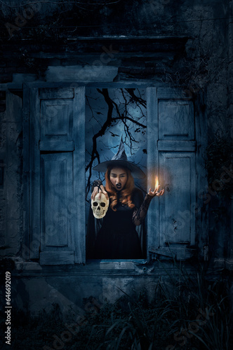 Halloween witch holding a skull standing in old damaged wood window with wall over church, birds, dead tree and spooky cloudy sky, Halloween mystery concept