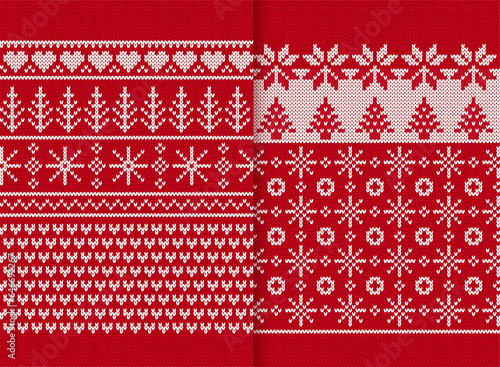 Christmas winter seamless pattern. Knitted print with trees, snowflakes, hearts. Red sweater background. Xmas knit texture. Holiday fair traditional ornament. Festive wool pullover vector illustration