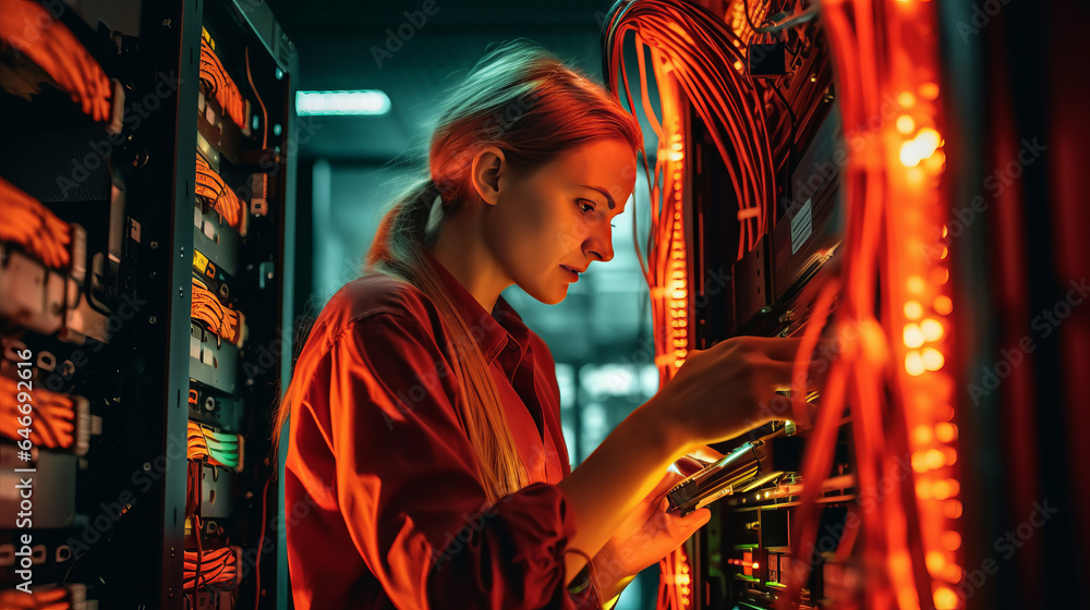 Obraz premium a female network engineer connecting cables in server cabinet while working.