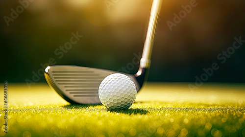 Golf club and white ball on green grass closeup. Postproducted generative AI illustration.
