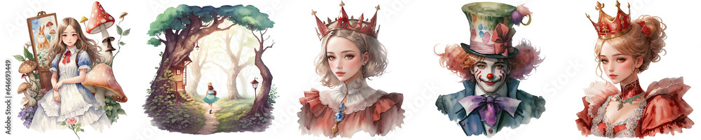 Watercolour Alice in Wonderland Character Bundle Clipart Queen Alice Mad Hatter.