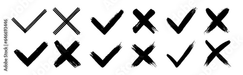 Dirty grunge hand drawn with brush strokes cross X and tick OK check marks V vector illustration set isolated on white background. Check mark symbol NO and YES buttons for vote in the box, web, etc