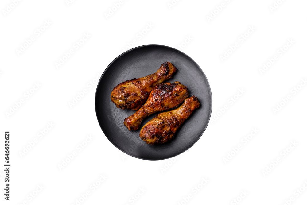 Obraz premium Delicious ruddy grilled chicken legs with spices and herbs