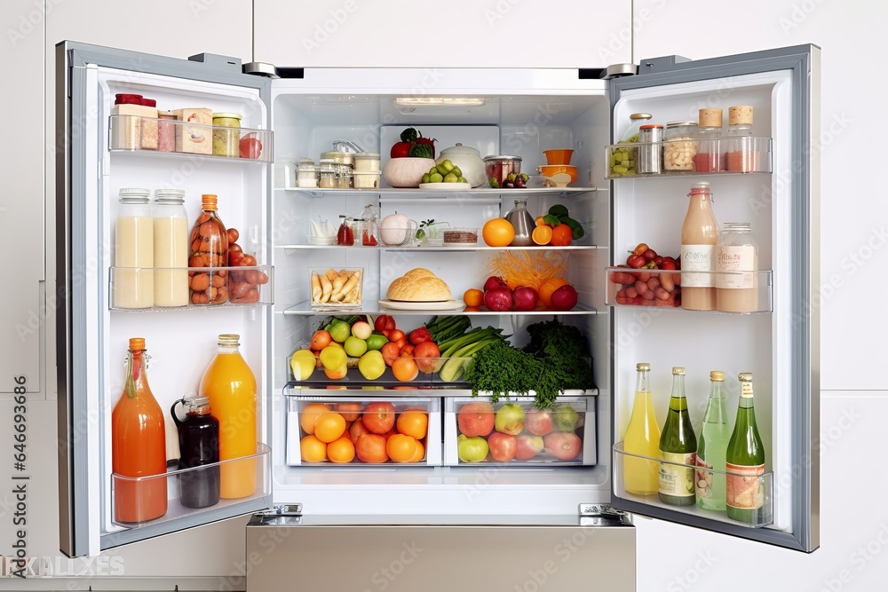 Photorealistic image showcasing an opened kitchen fridge Photorealistic image showcasing an opened kitchen fridge