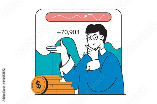 Stock trading concept with people scene in flat web design. Man monitoring financial data chart at balance account and earning money. Vector illustration for social media banner, marketing material.