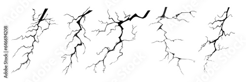 Lightning strike bolt silhouettes vector illustration set. Black thunderbolts and zippers are natural phenomena isolated on a white background. Thunderstorm electric effect of light and shining flash.