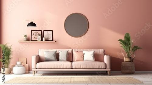 Bohemian Interior Design Style living room in pastel colors mock-up with frame for picture.generative ai