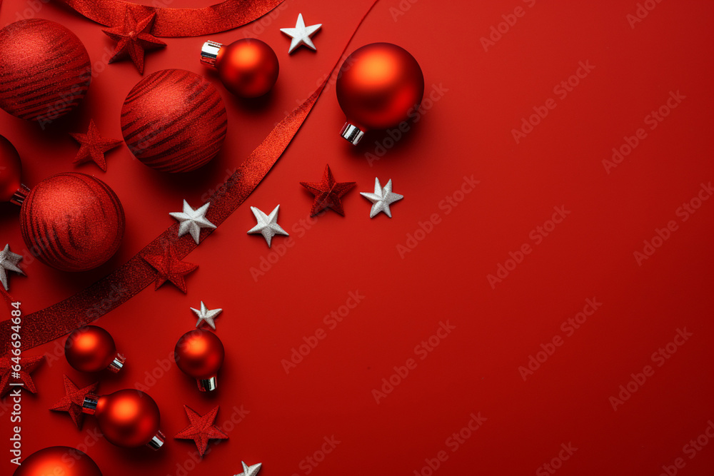 Φωτογραφία The wallpaper of the Christmas festival in winter season consists of gold, red, and silver Christmas ball and star ornament hung on red background