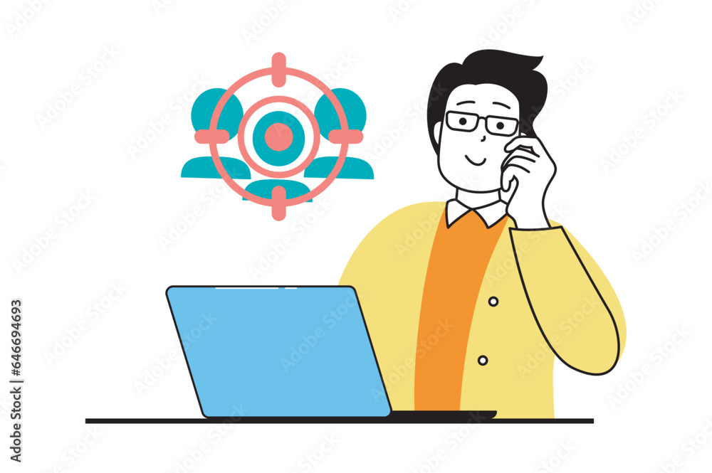 Target audience concept with people scene in flat web design. Man studying consumers focus group and attracting clients to business. Vector illustration for social media banner, marketing material. Target audience concept with people scene in flat web design. Man studying consumers focus group and attracting clients to business. Vector illustration for social media banner, marketing material.