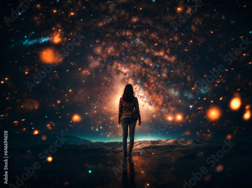 Mystery woman approaching in to the deep universe. AI Generated