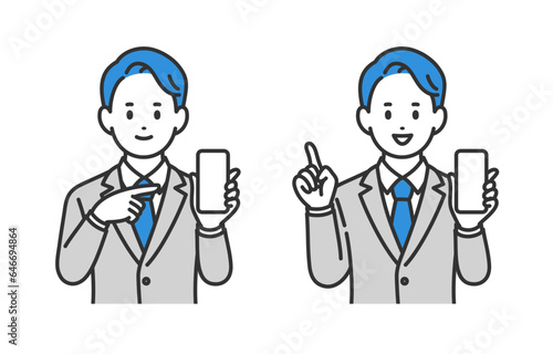 スマホを持ちながら指差しポーズをするビジネスパーソン男性のセット【人物ベクターイラスト素材】